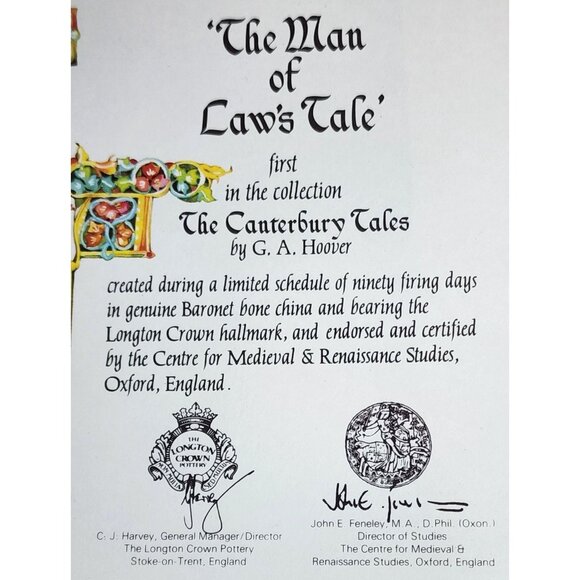 Longton Crown Pottery “The Man of Laws Tale” Collectors Plate – Genuine Baronet - Picture 8 of 13